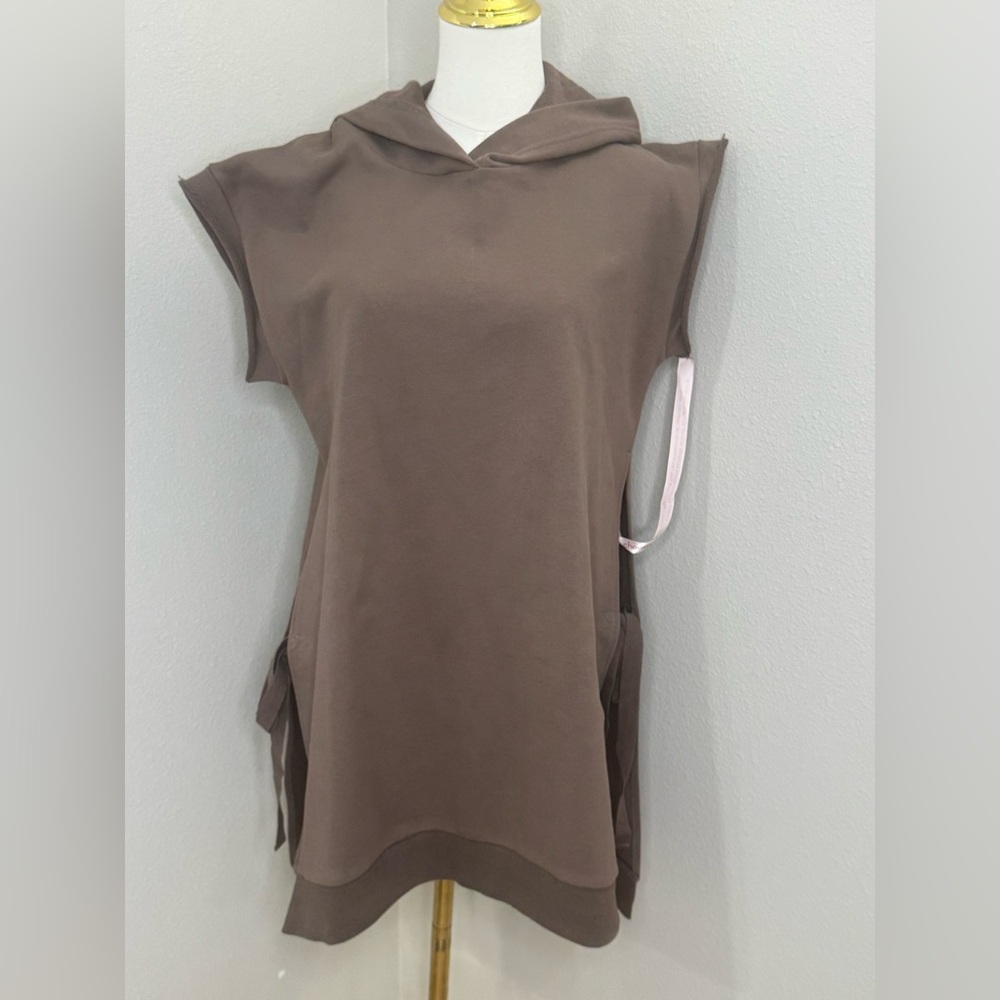 Choosy Sleeveless Hoodie Tunic Medium Brown Tie Side Longline Sweatshirt NWT